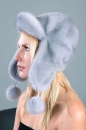 женская шапка из норки серо голубого цвета с опущенными ушами (модель с козырьком)
